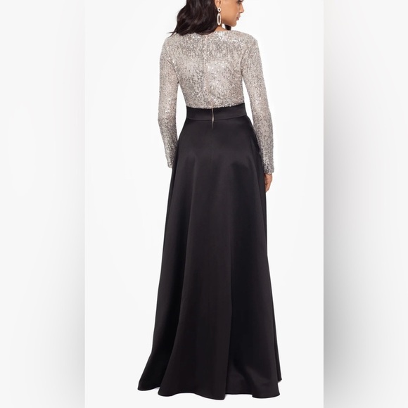 XSCAPE DIXIE V-NECK LONG SLEEVE SEQUIN TOP WAISTBAND WITH BOW GOWN - Picture 3 of 7